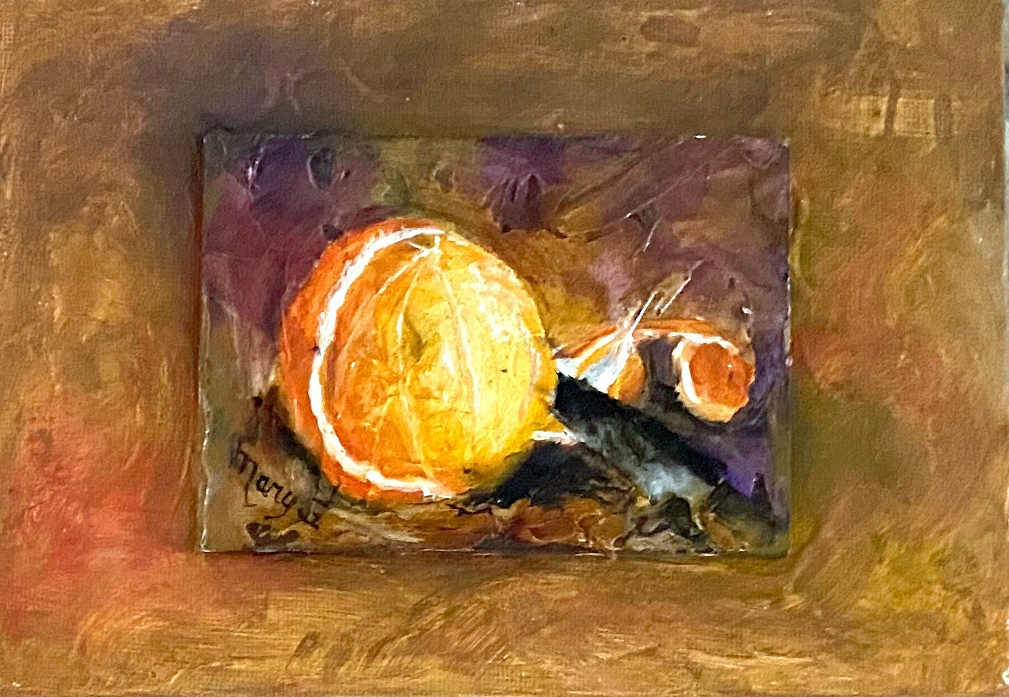 Orange peeled Original Oil Painting on Gessoed Masonite with easel 5×7 by artist