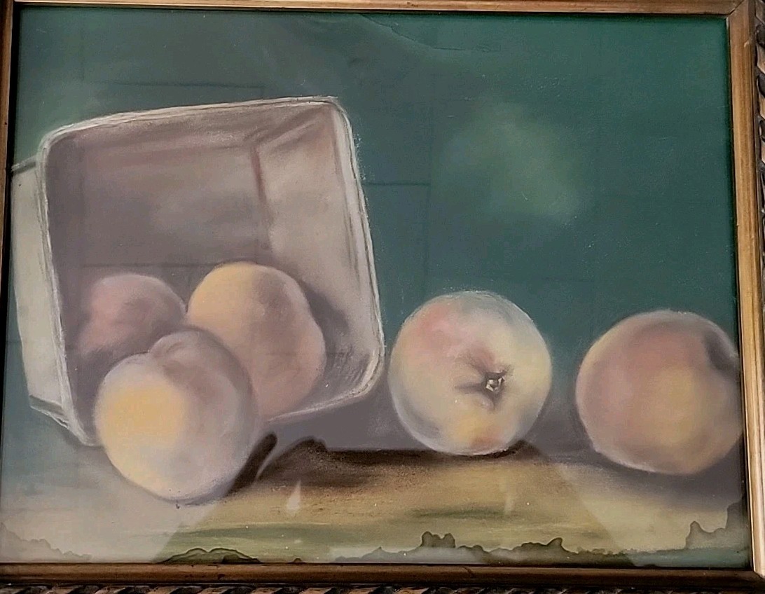 Antique Peaches Basket Still Life Pastel Painting In Ornate Frame 15.75″w×13″