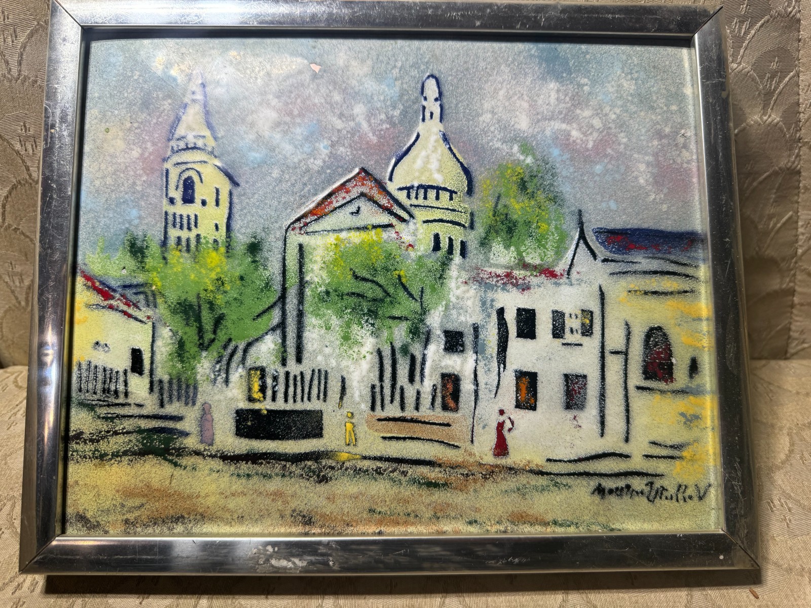 After Maurice Utrillo «A Village Scene» Enamel On Copper Painting – Framed