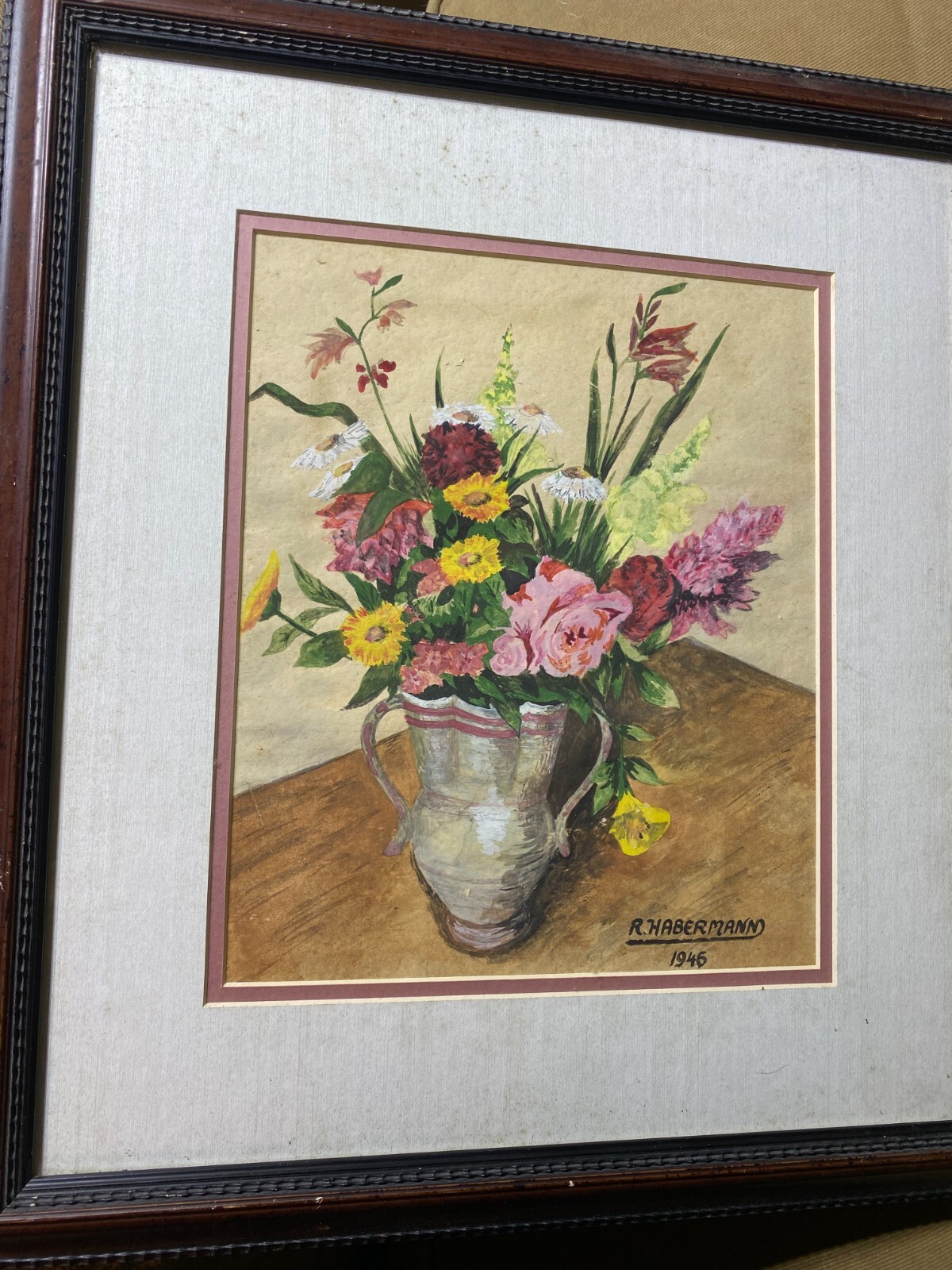 R Habermann 1966 «Still Life With Flowers Scene» Gouache Painting -Signed/Framed