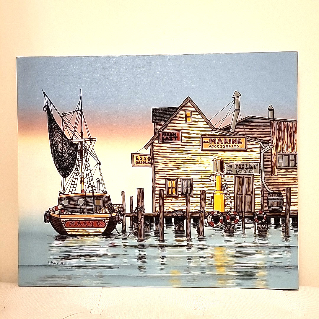 signed H Hargrove Serigraph Painting FISHING BOATS MARINE 24×20 (Canvas)