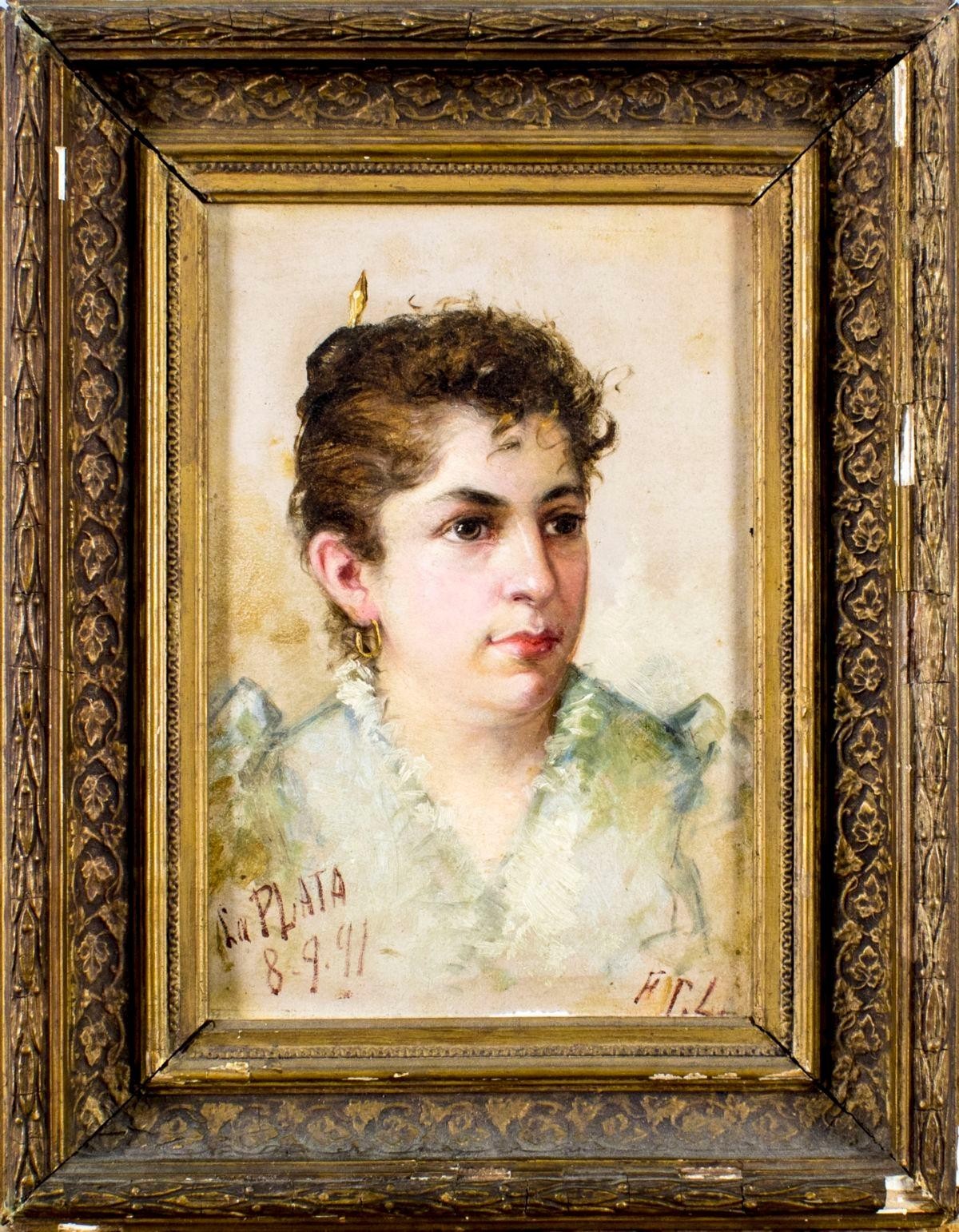 Antique 1891 Oil Portrait Woman La Plata Argentina Signed F.C.L. Gilt Frame