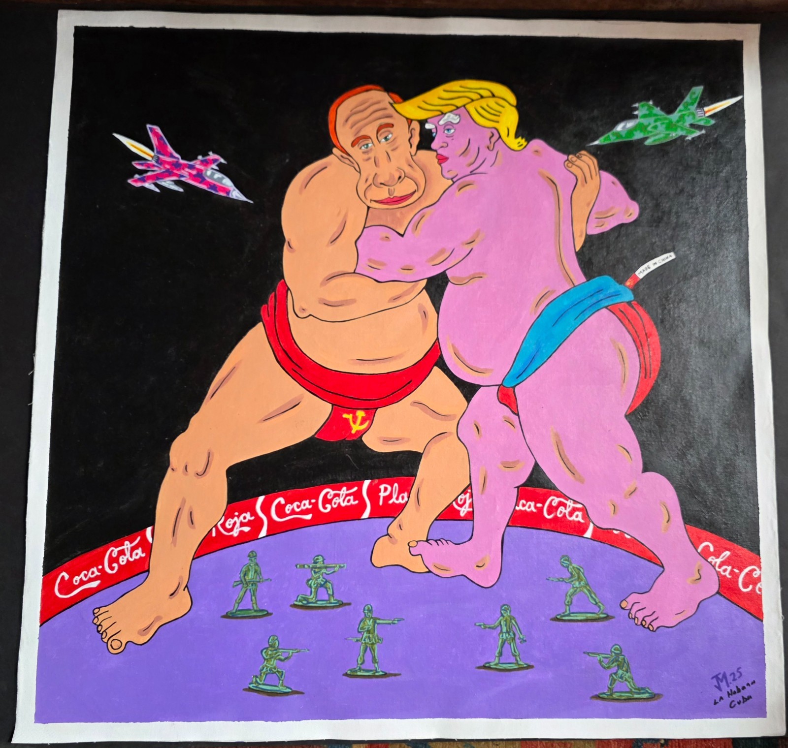TRUMP vs PUTIN / Signed Cuban Pop Art Painting of SUMO Match for World Dominance