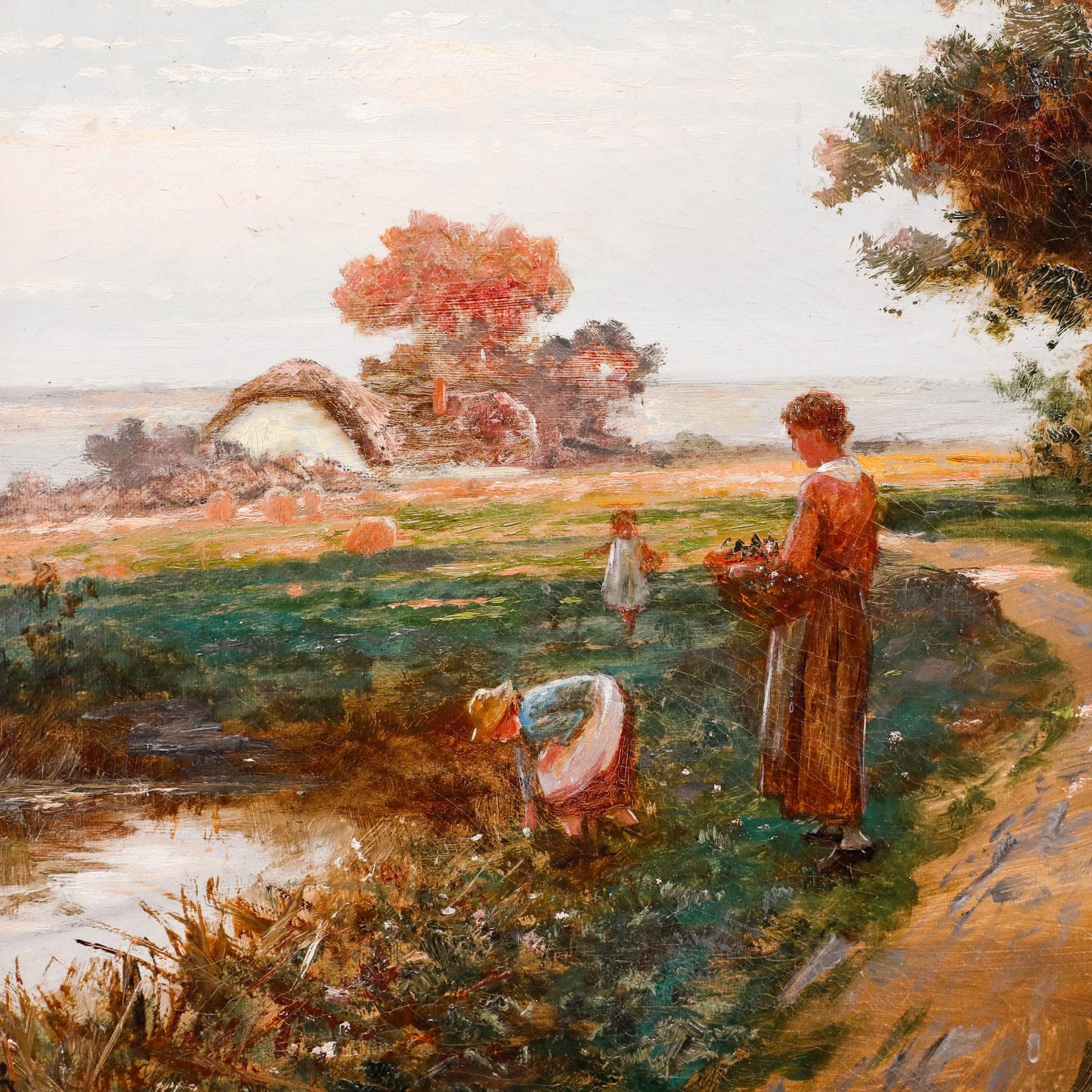 German School 1913 Oil – Collecting Flowers