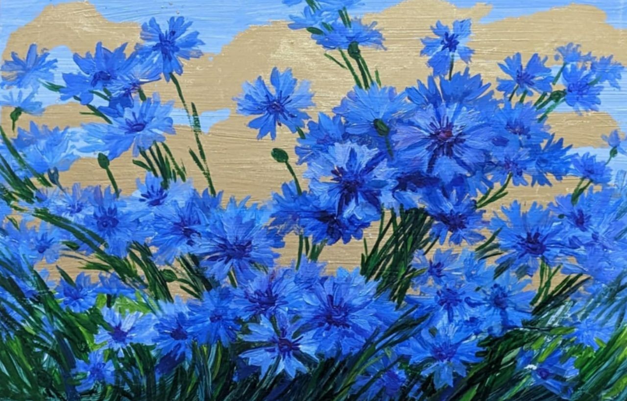 art 326 original painting 20×30 cm oil on hardboard gold potal cornflowers