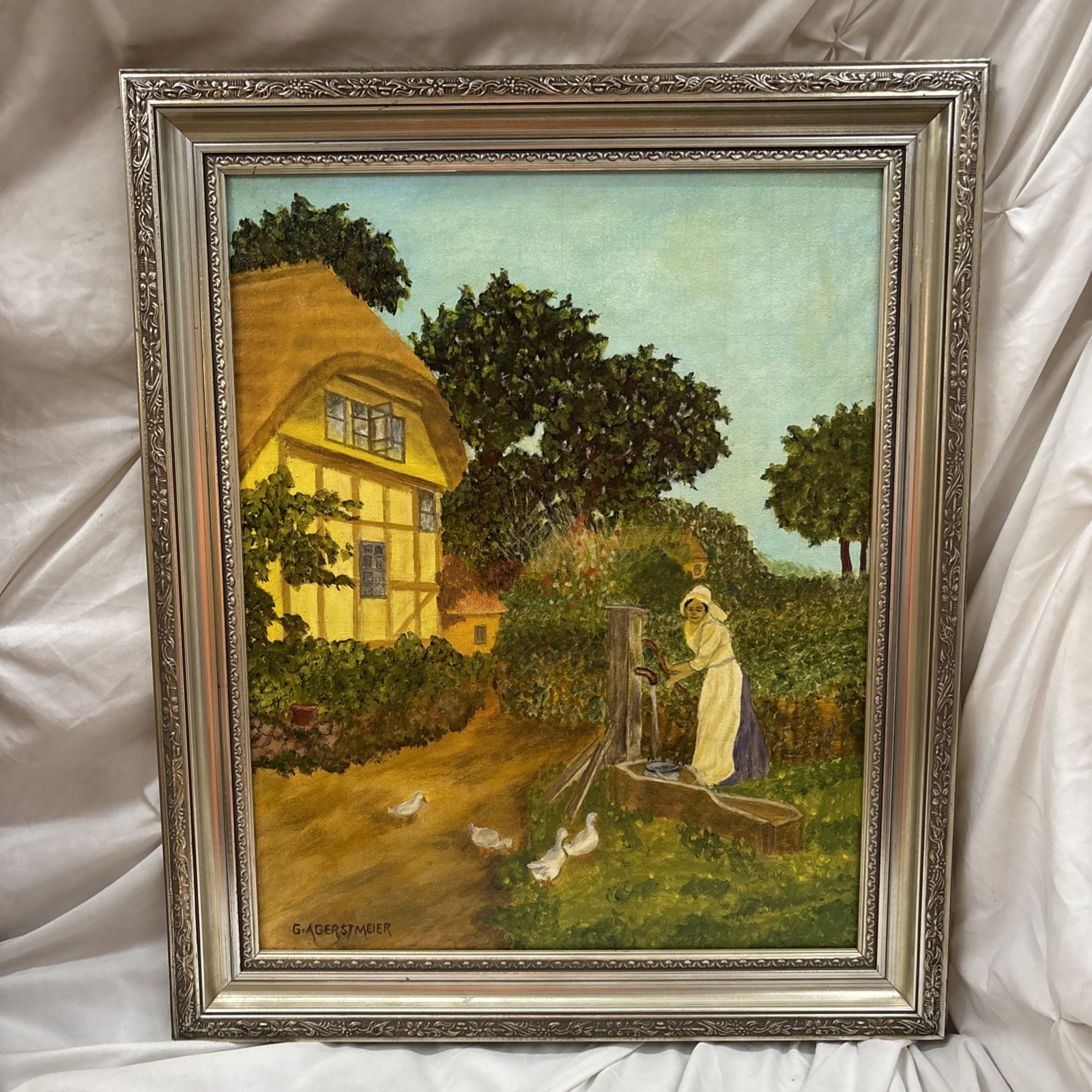Original Oil On Canvas English Cottage by G.A. GERSTMEIER Framed Signed 20×24