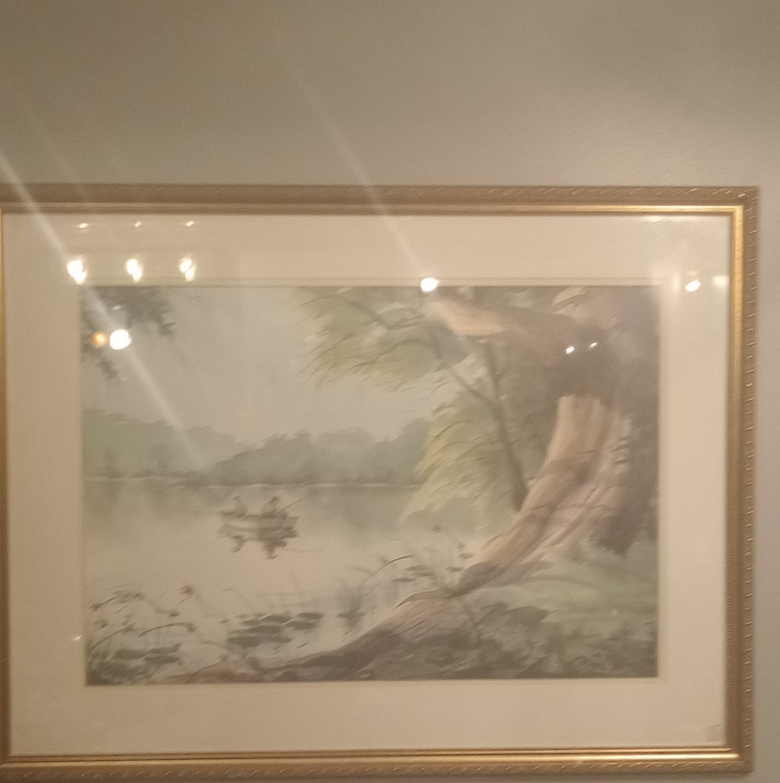 Richard E Williams Signed Watercolor Landscape Painting Framed Lake Boat Tree