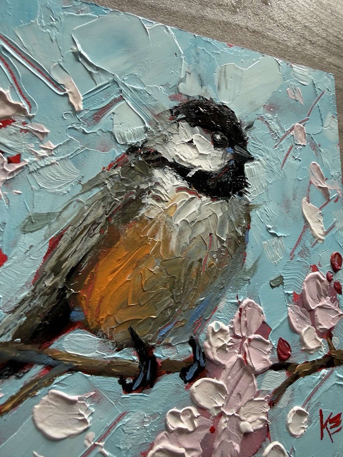 Chickadee Blossoms bird Original Painting On Panel 6 X 6 IN Art Krista Eaton