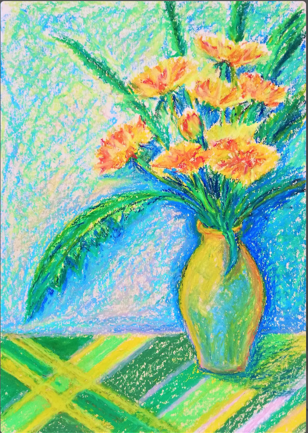 Still Life Yellow Dandelion Flowers Oil Pastel Painting. Without frame.33×23 cm