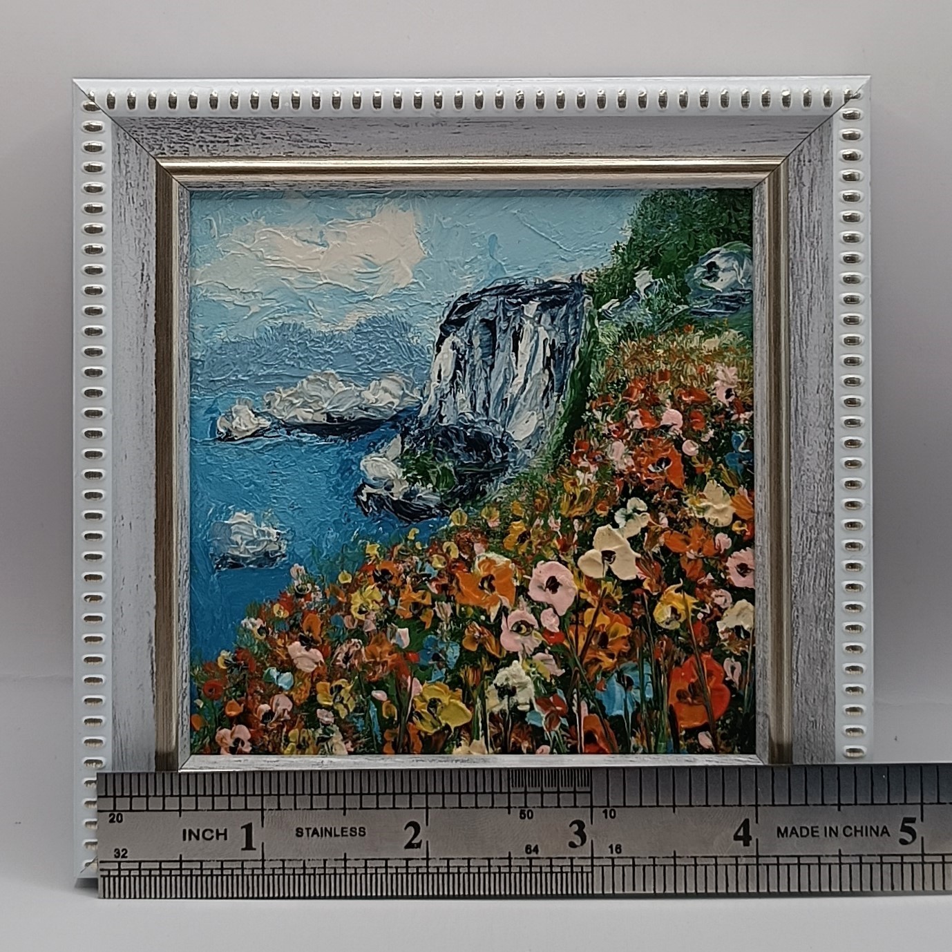 Original Coastal Floral Oil Painting Framed Miniature Seascape Impasto Art