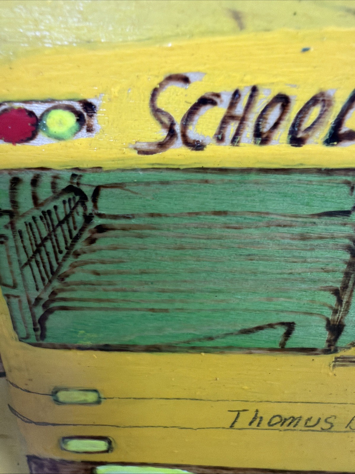 Gullah Folk Art Woodburning Painting Rev. J.F. Simmons “School Bus” Signed