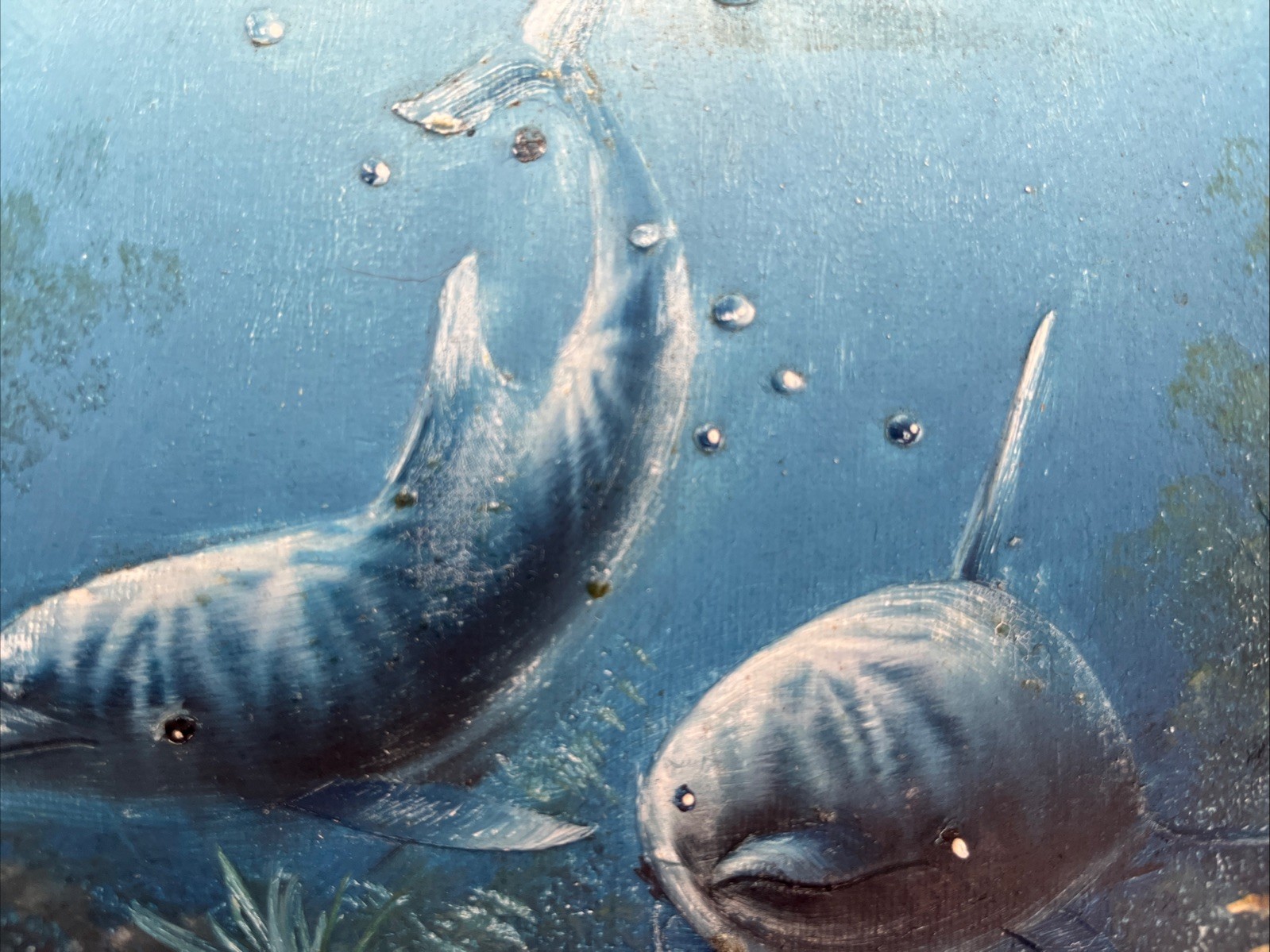 Original C. Redmond Benolt Painting Textured Dolphins Under Water Ocean Coastal