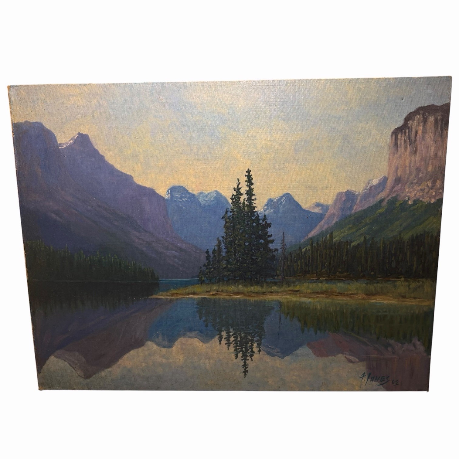 Vintage Original Oil Painting Mountain Lake Landscape Art Lodgecore Cabin Chic
