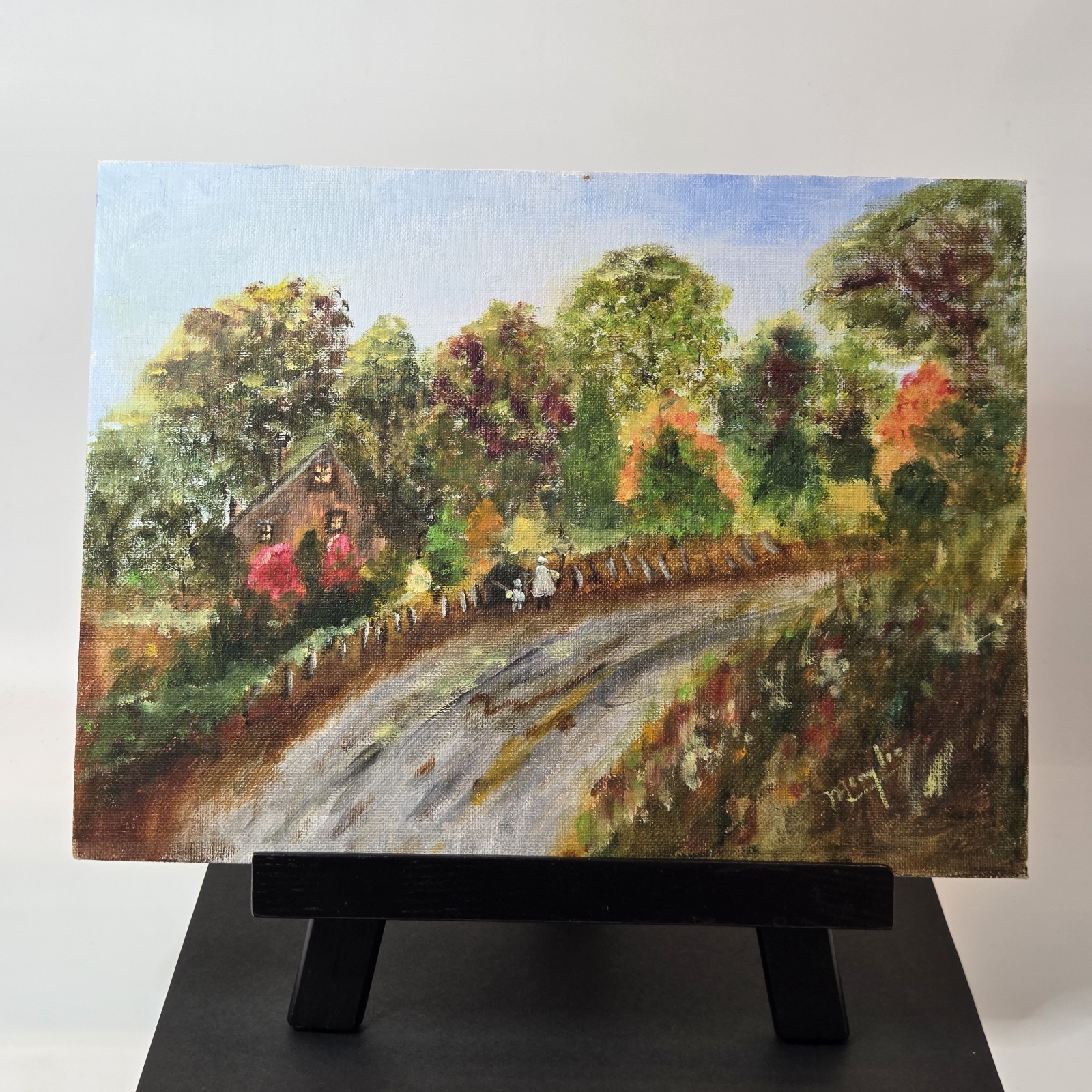 Cottage Country Lane Orig. Painting Fence Autumn Trees 9 x 12″ Unframed Board