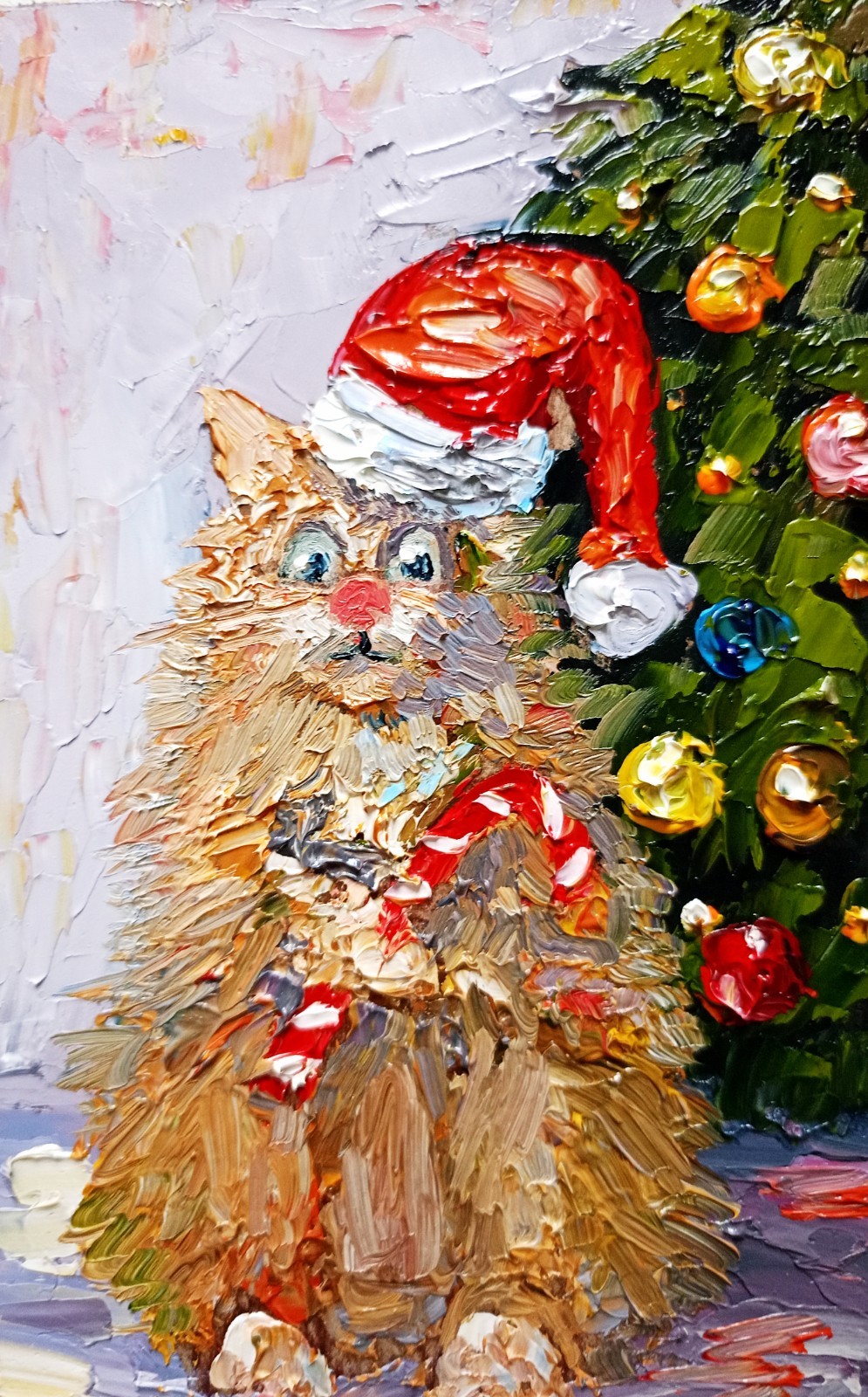 Funny Christmas Cat Painting 3,5×6 in oil on hardboard