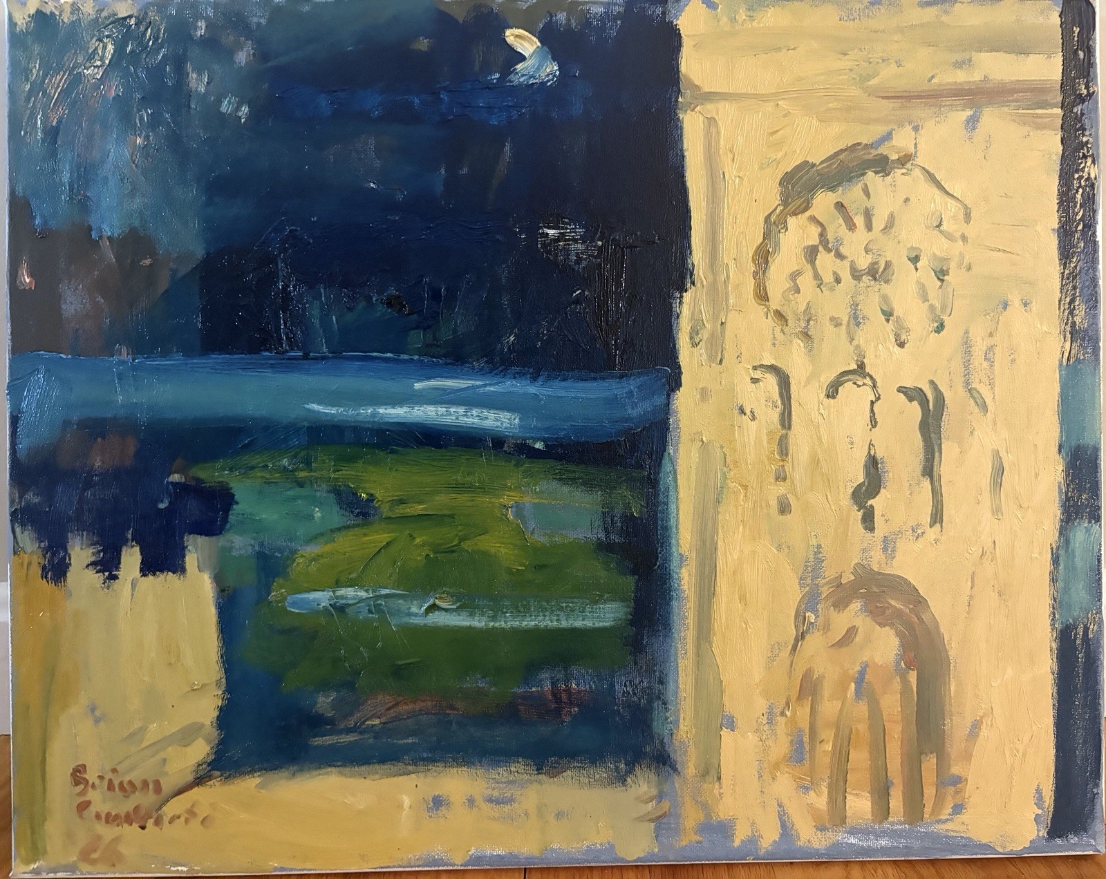 Castle Modernist Landscape Moon Ocean Cubist Oil Painting On Canvas 16”x20” Art