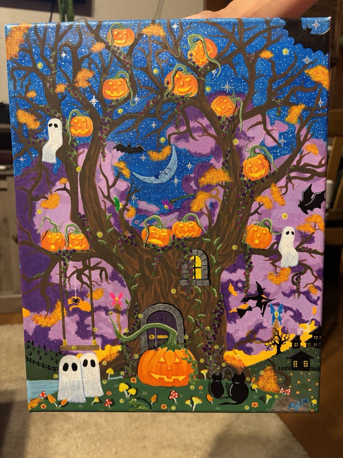 Glow in the Dark/Black light Halloween Pumpkin Tree Canvas Acrylic Painting