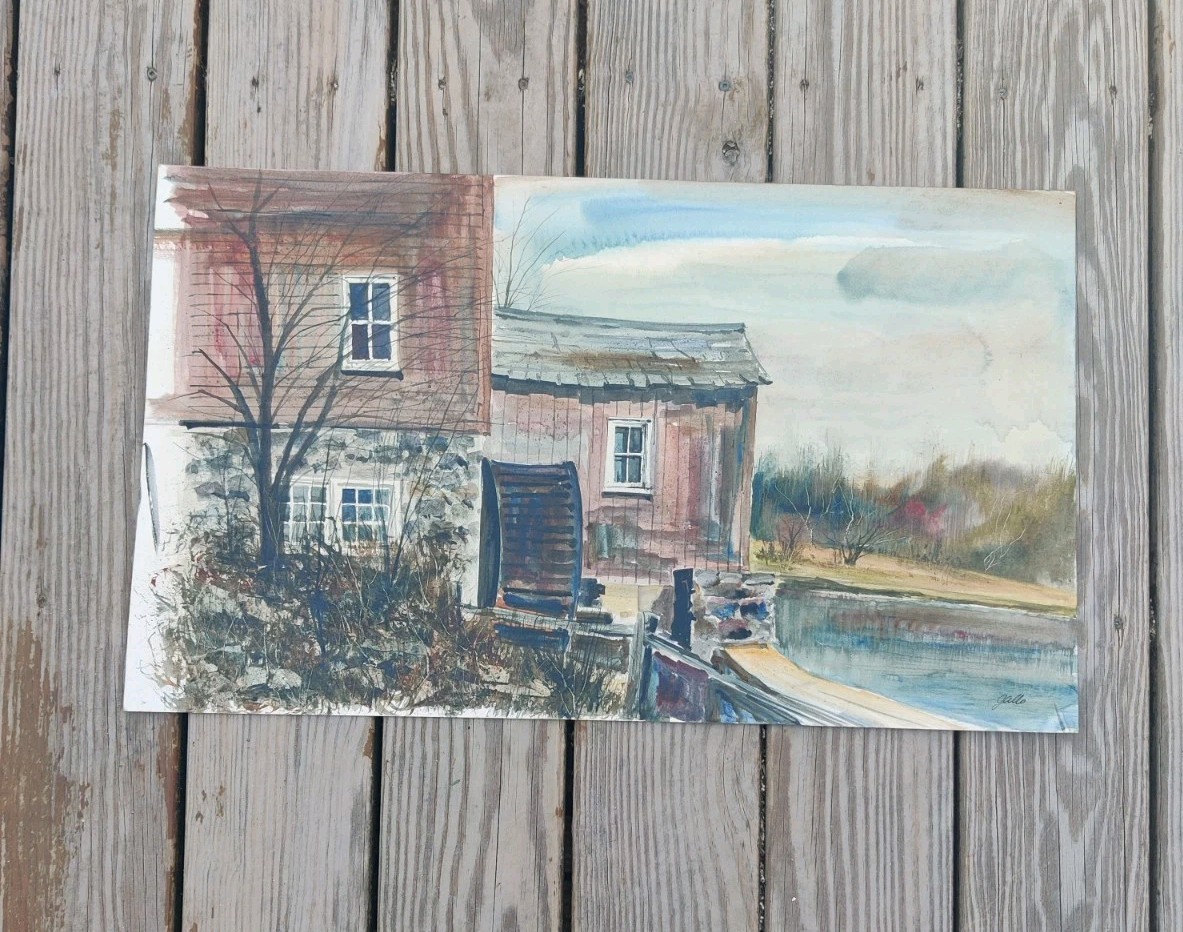 1970s Red Mill Clinton NJ Painting Watercolor Signed Gallo 27.5×16″ Vintage Art