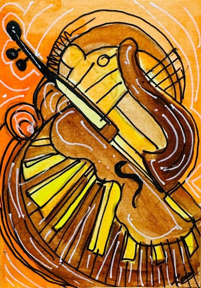 Abstract Violin Painting ACEO Original Music Art Cubist Expressionist Orange New