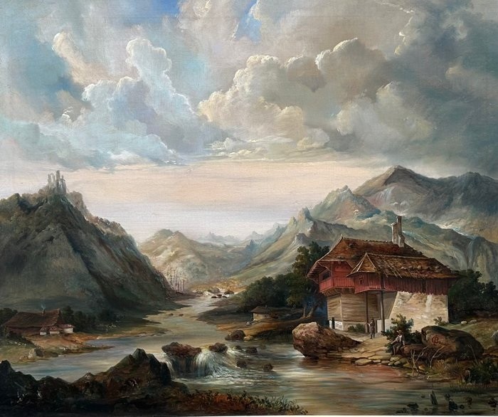 painting oil on canvas 25″ x 31″ Hand made Europe alpine landscape Original