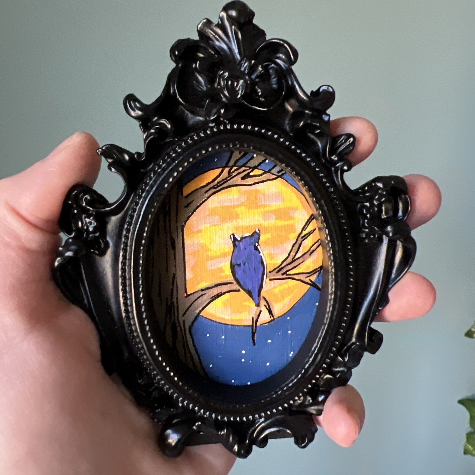Halloween,night,owl,cute,original,miniature Painting,small,mini,framed