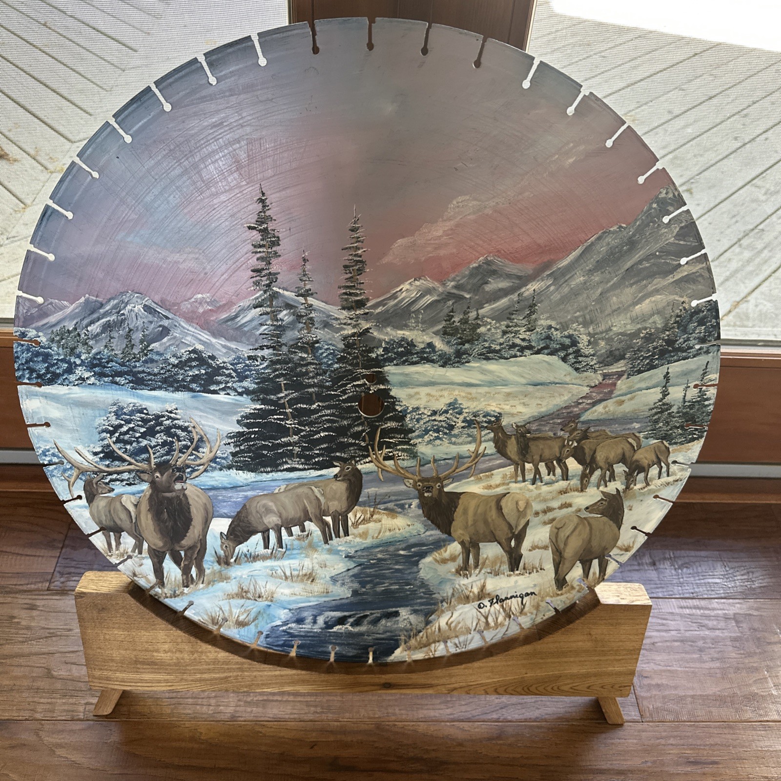 Signed Flannigan Original Painting On Huge Sawblade 26 Inch With Wood Stand