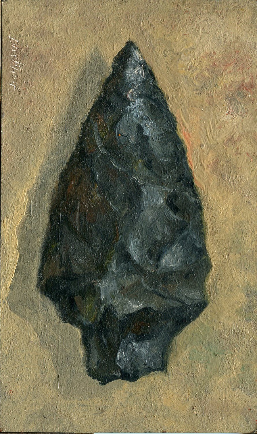 Native American Arrowhead 3×5 in. Oil on gessobord archival panel Hall Groat Sr.