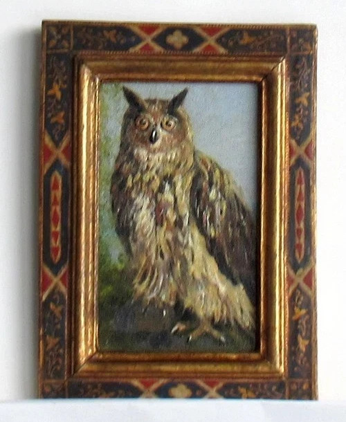 ANTIQUE VINTAGE BEAUTIFUL FRENCH MINIATURE OIL PAINTING PORTRAIT OF OWL