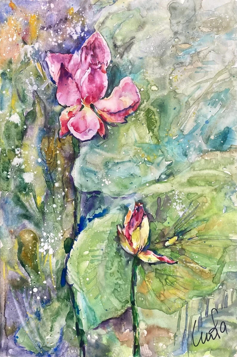 ORIGINAL Watercolor Painting Lotus Painting, Watercolor Lotus Flower 18×12 inch