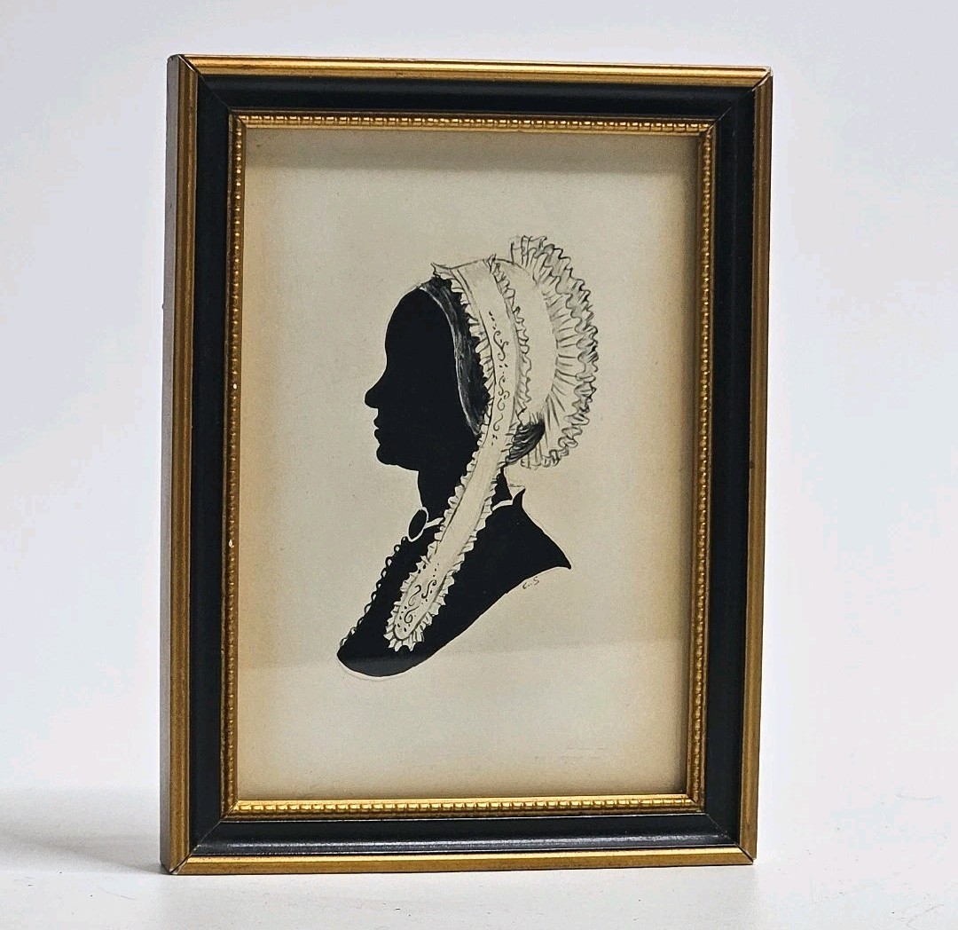 Antique American Folk Art Hollow-Cut Silhouette Portrait 19th C Woman Signed