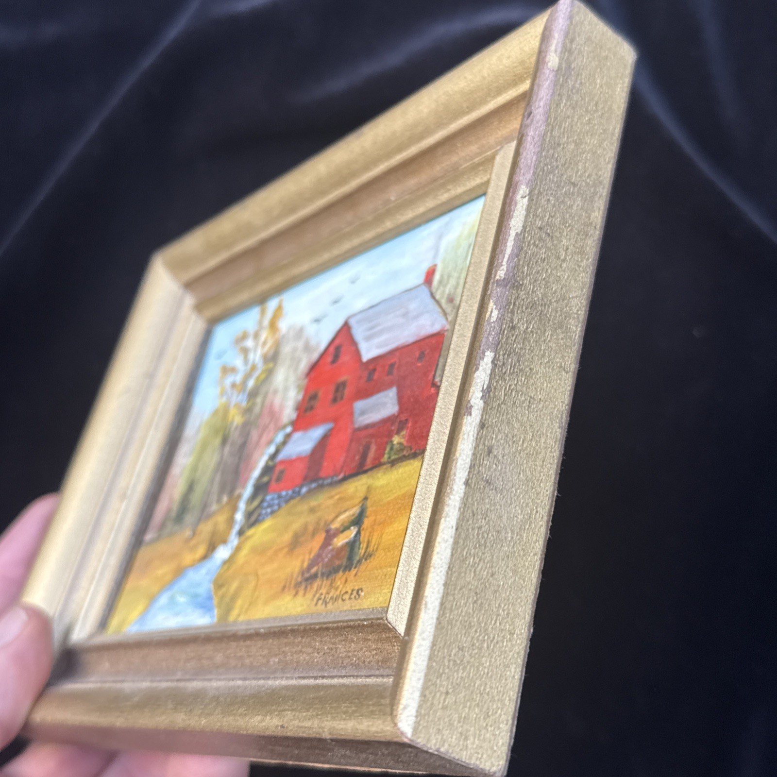 Vintage 1977 Original Painting Red Grist Mill Waterwheel Framed Folk Art Signed
