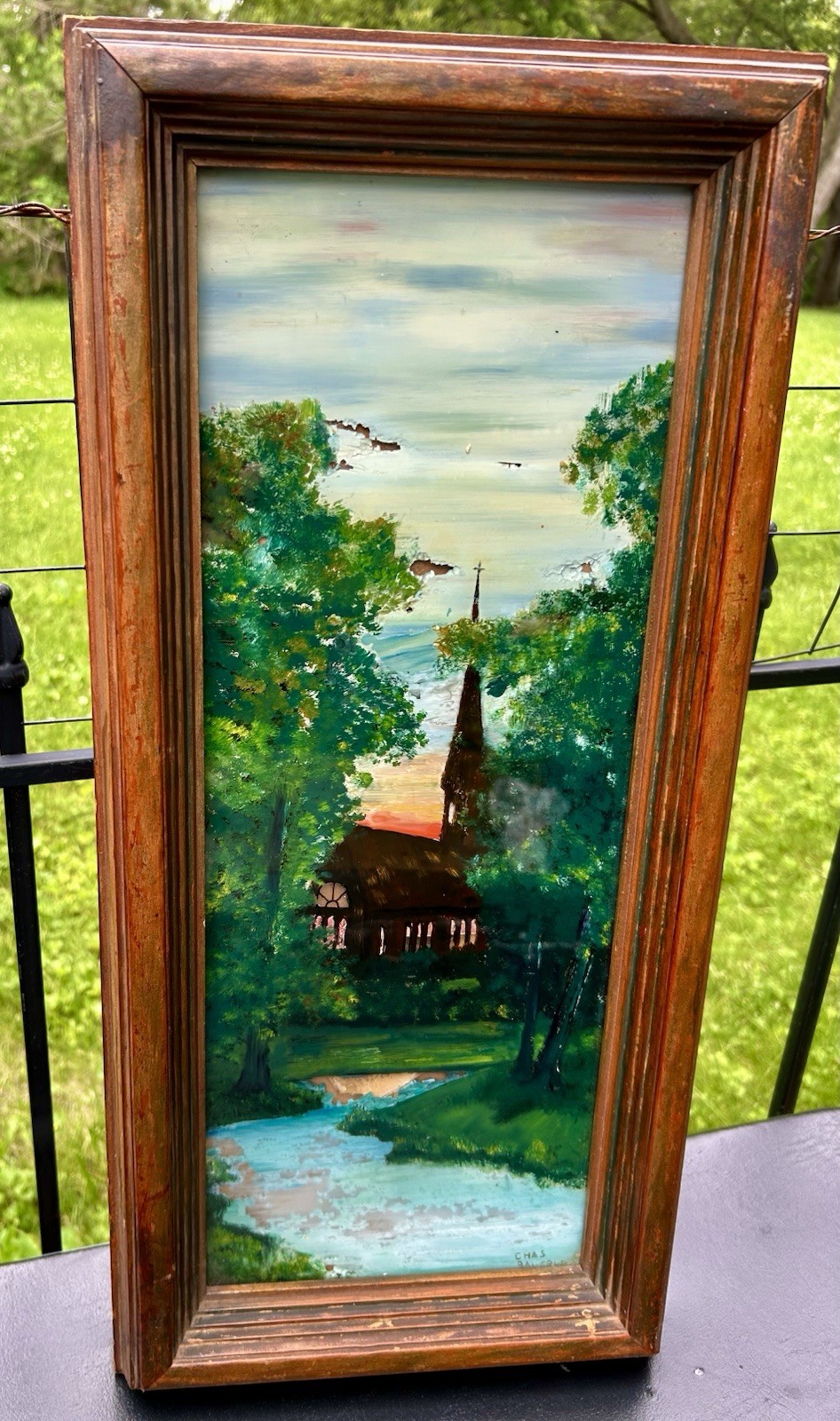 Antique Wood Frame Reverse Painted Church Landscape Germany Signed Chas Bauerle