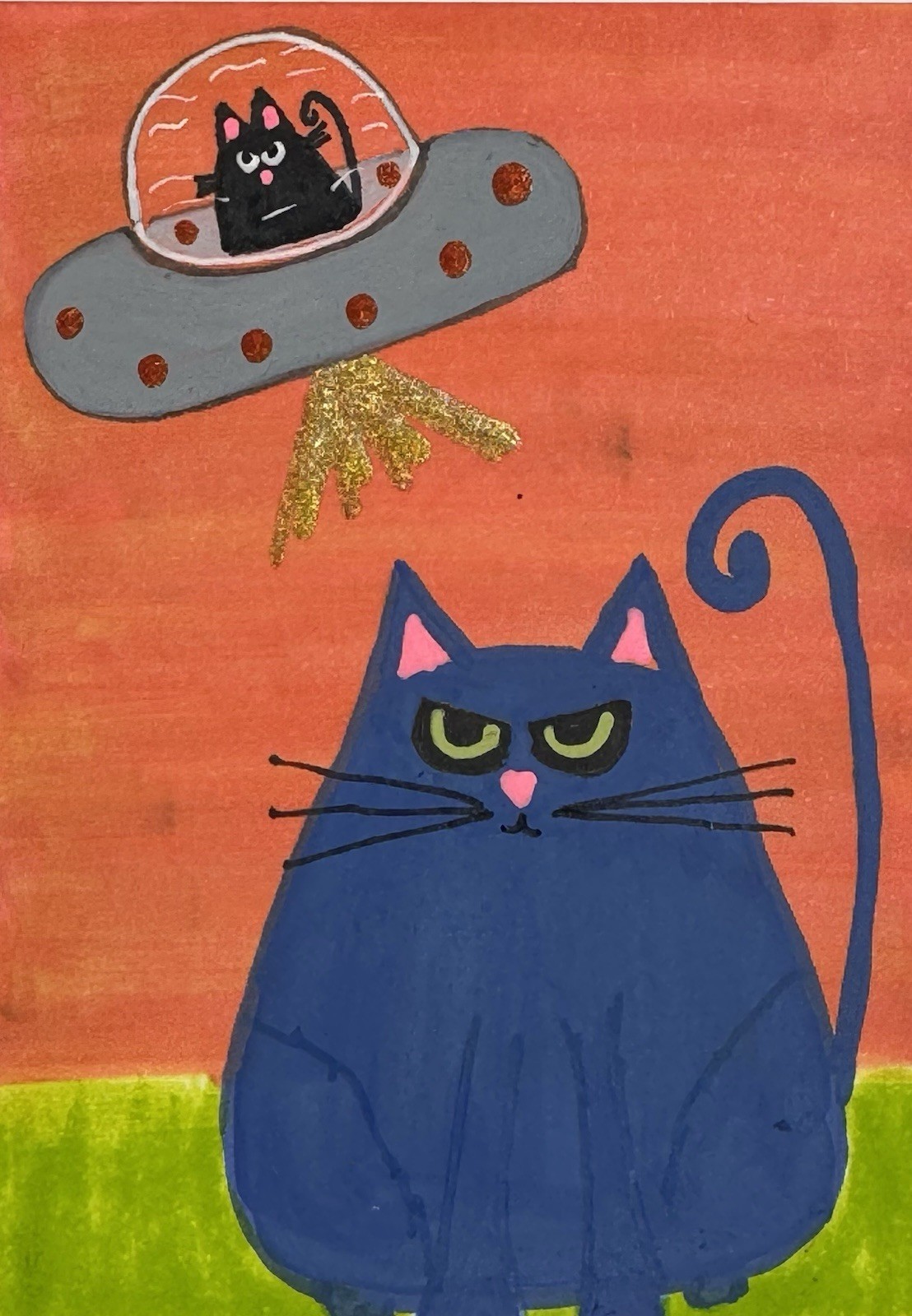 ACEO Original Hand-Painted Abstract Fantasy Cat With A UFO 2.5 X 3.5 Acrylic