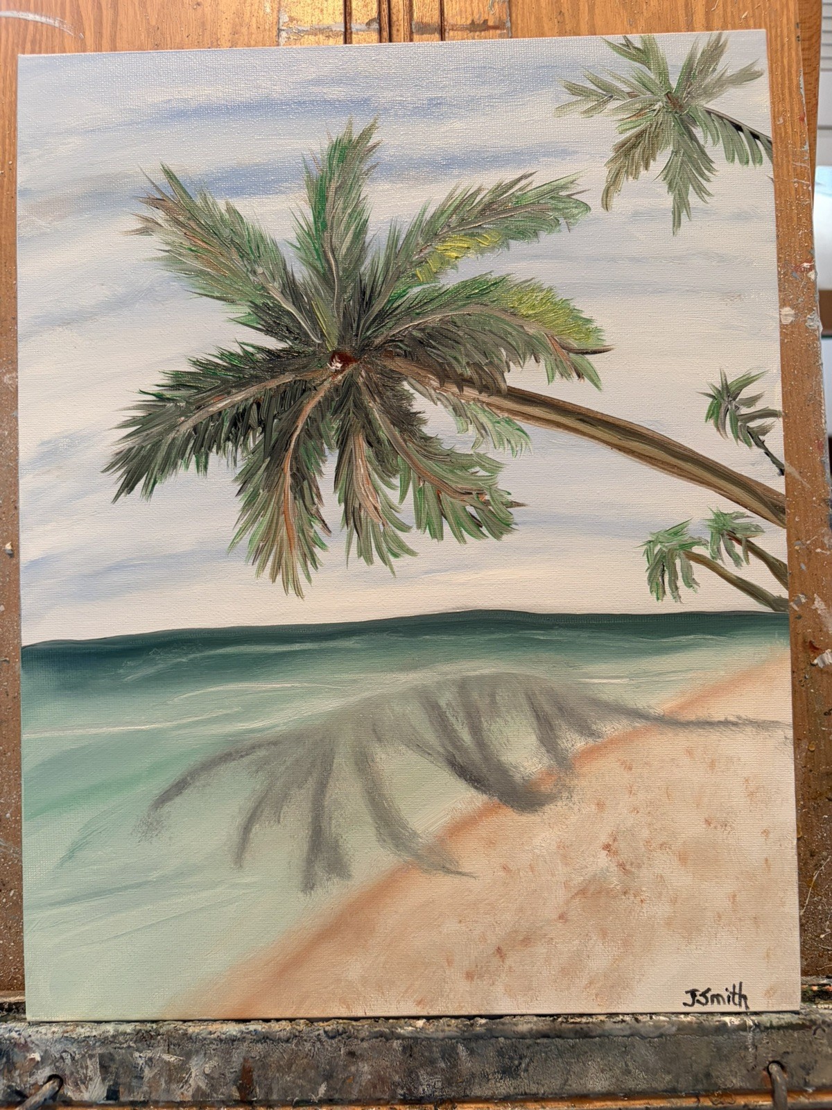 Original oil painting 11 x 14 inches palm tree at the ocean signed- free ship