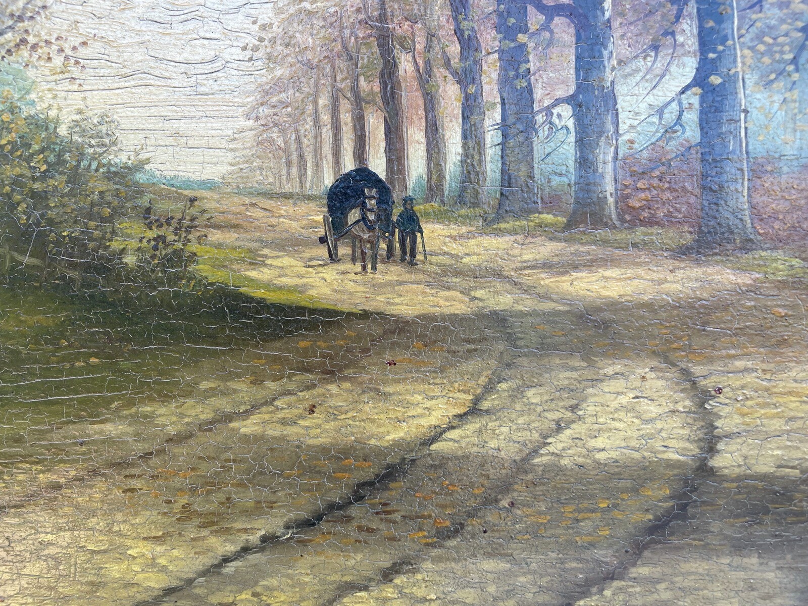 Impressionist Late Summer Landscape Country Road w/ Donkey Wagon Oil Painting Antique 75.5×56