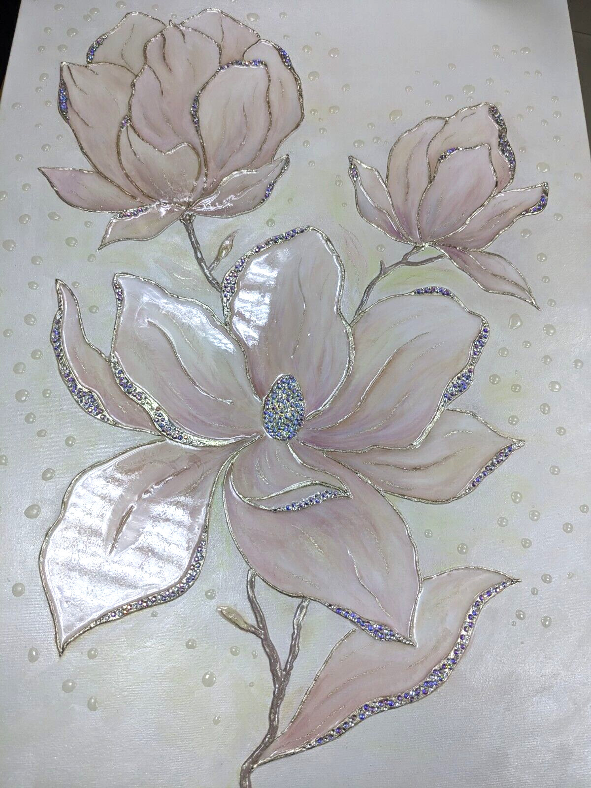 Large 3D texture magnolia painting, Pink floral wall art, Rhinestone Resin Art