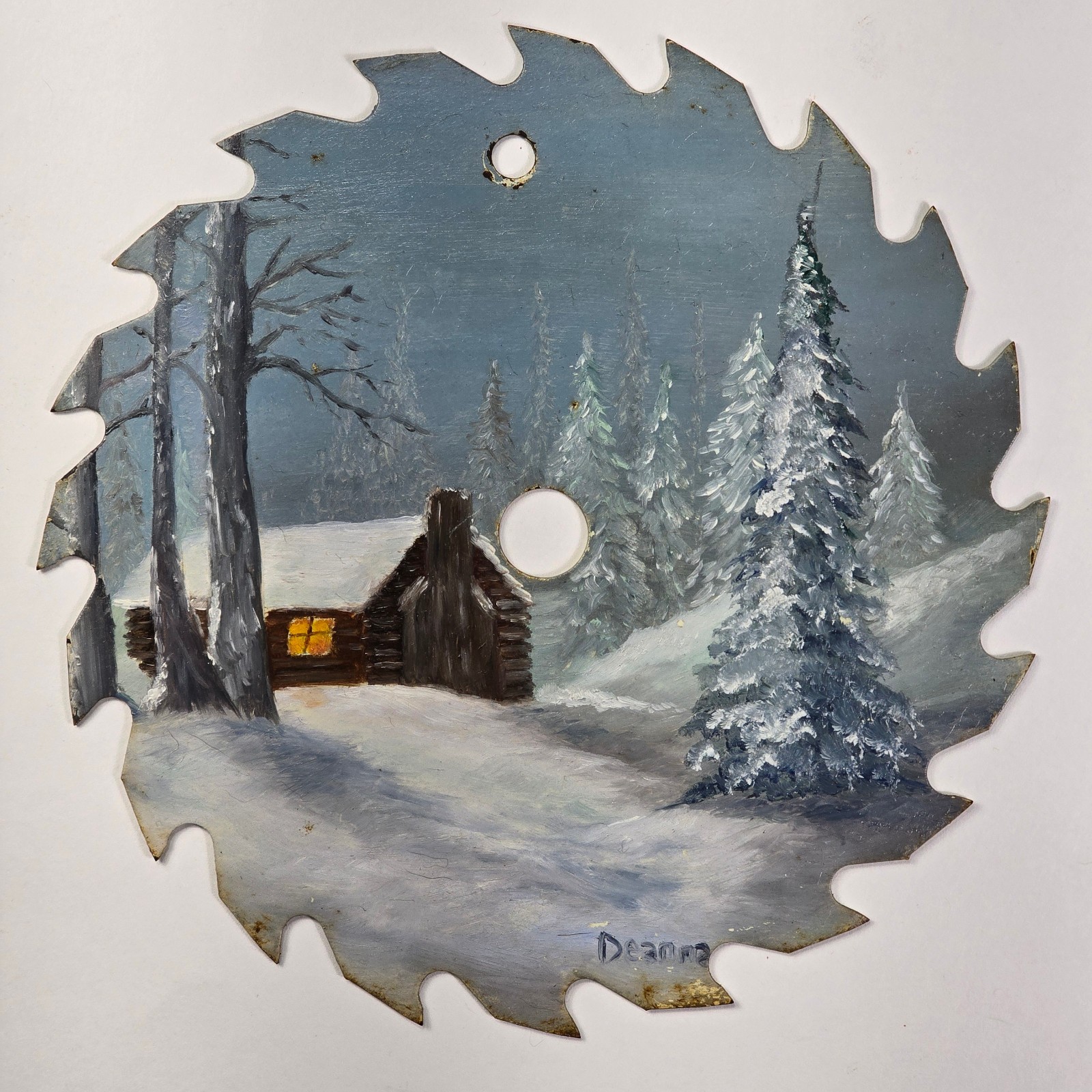 Vintage Hand Painted 7″ Radial Saw Blade ~ Snowy Winter Landscape w/ Log Cabin