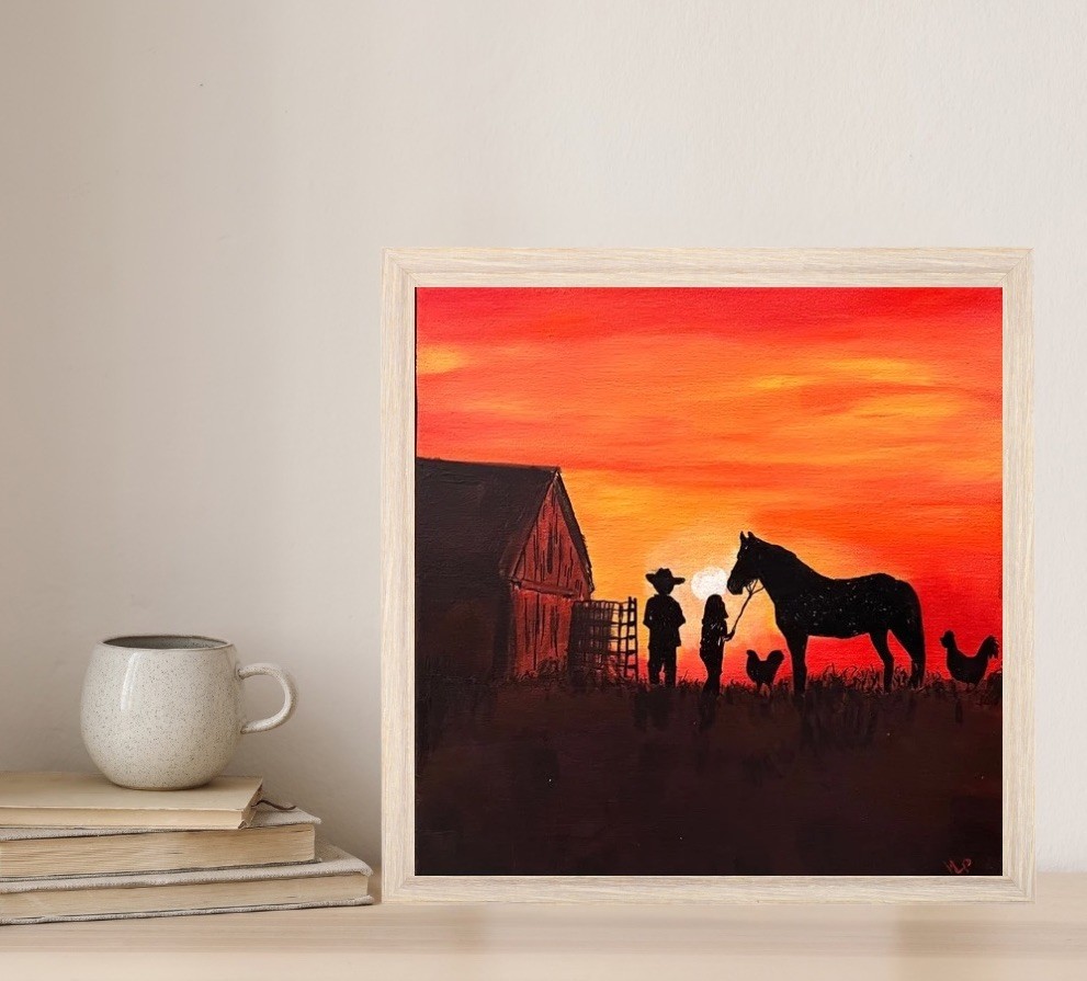 Original Cowboy Sunset Painting Acrylic Canvas Western Barn Silhouette Art 12×12