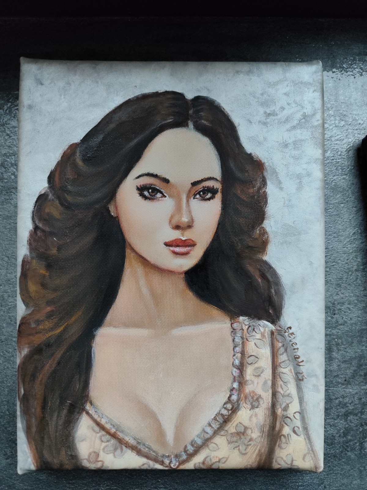 ​Original Oil Painting Female Portrait Pearl Background Hand Painted Stretched