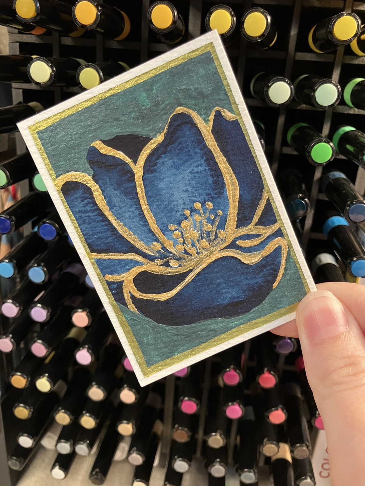 aceo original painting, gilded flower, gouache, 2.5 x 3.5, keris creations