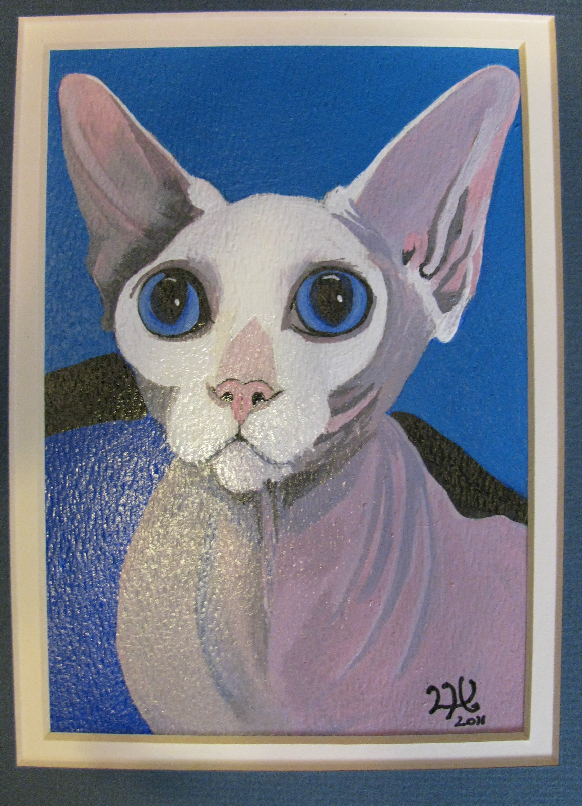 C230 ORIGINAL ACRYLIC PAINTING BY LJH «TABATHA» WHITE SPHYNX CAT KITTEN