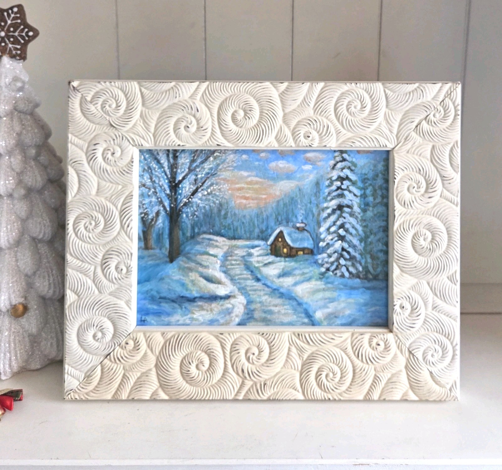 Original Winter Cabin Painting 5×7 Frame Canvas Snowy Landscape Cottage Art