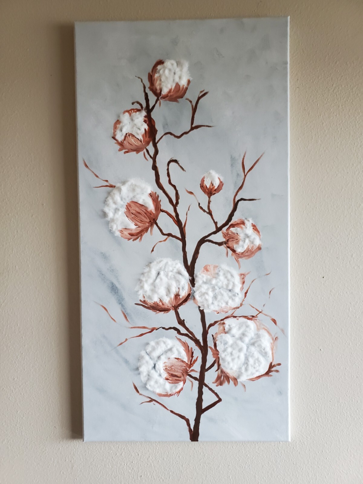 Handmade Painting Acrylic Wood Frame 30x15x0.5in Art Decor Cotton Branch