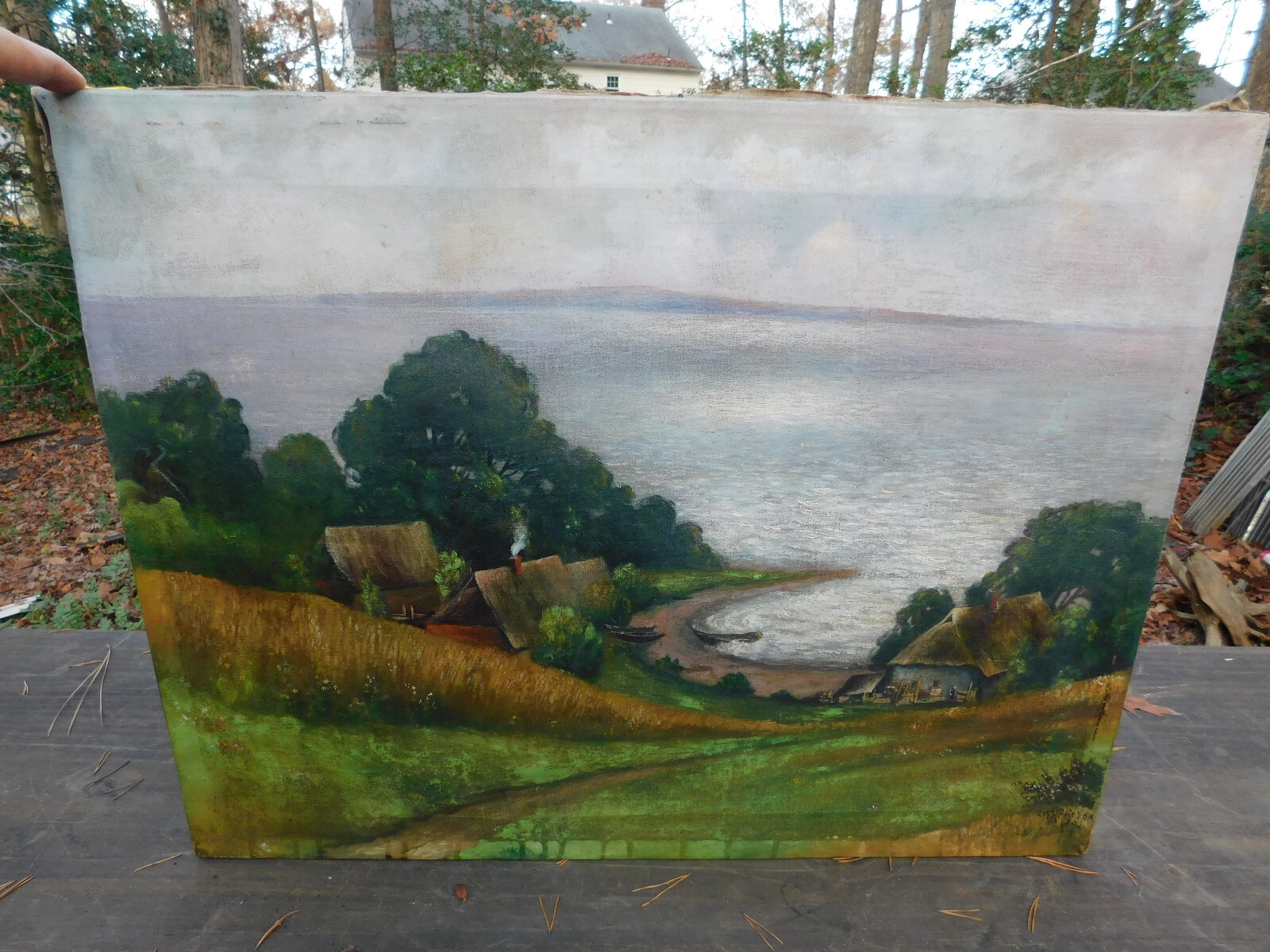 1801 Antique 19C Landscape Seascape Painting Signed Reinholm Reinhold 26″ x 20″