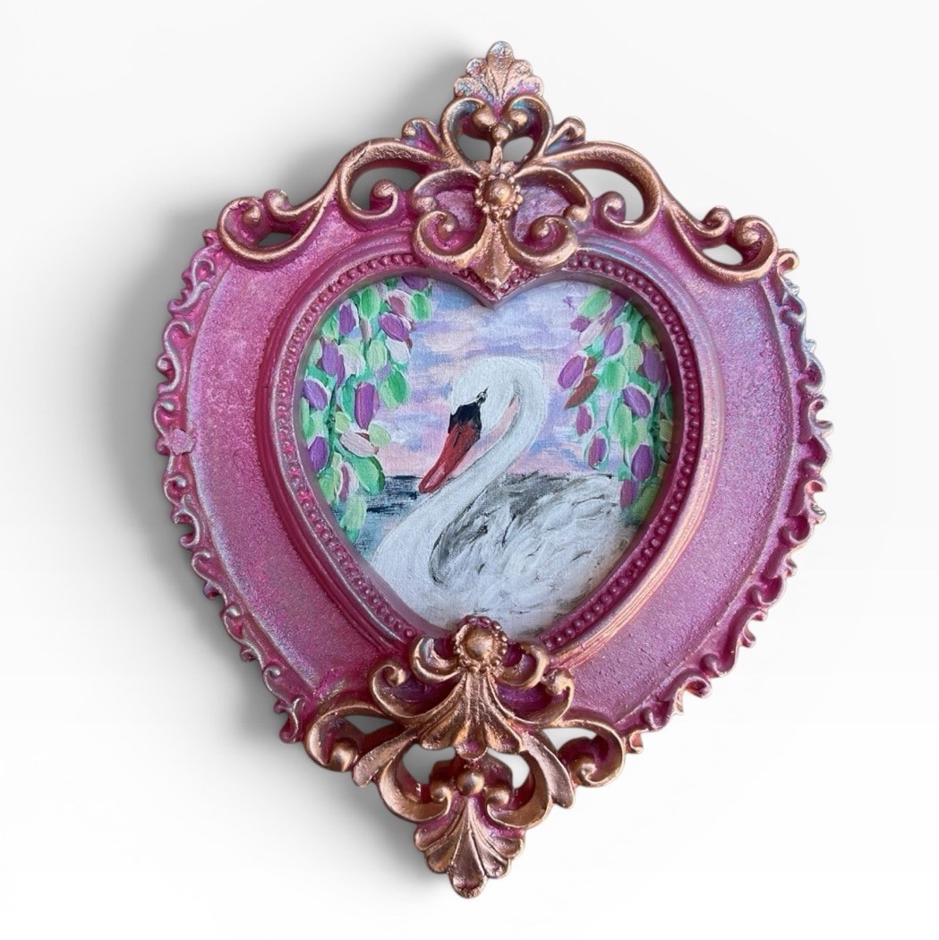 White Swan mini watercolor bird print • heart-shaped vintage style ornate frame