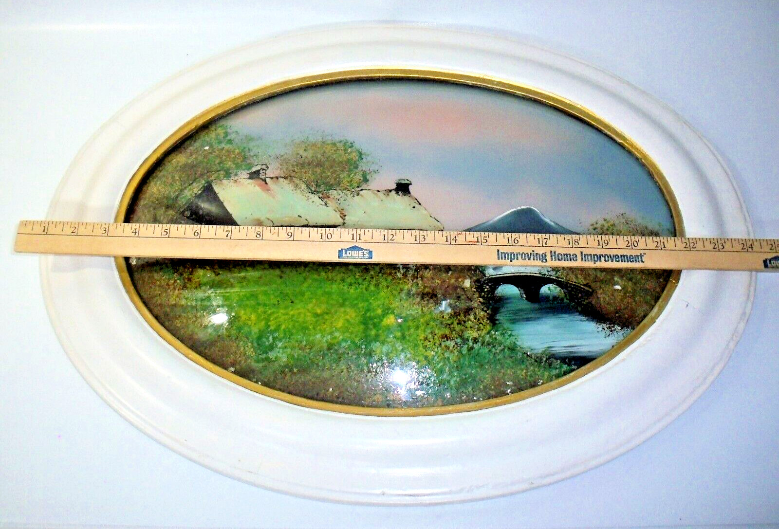 Antique Reverse Foil Painting Oval Convex Glass Landscape 14″x24″ Wood Frame