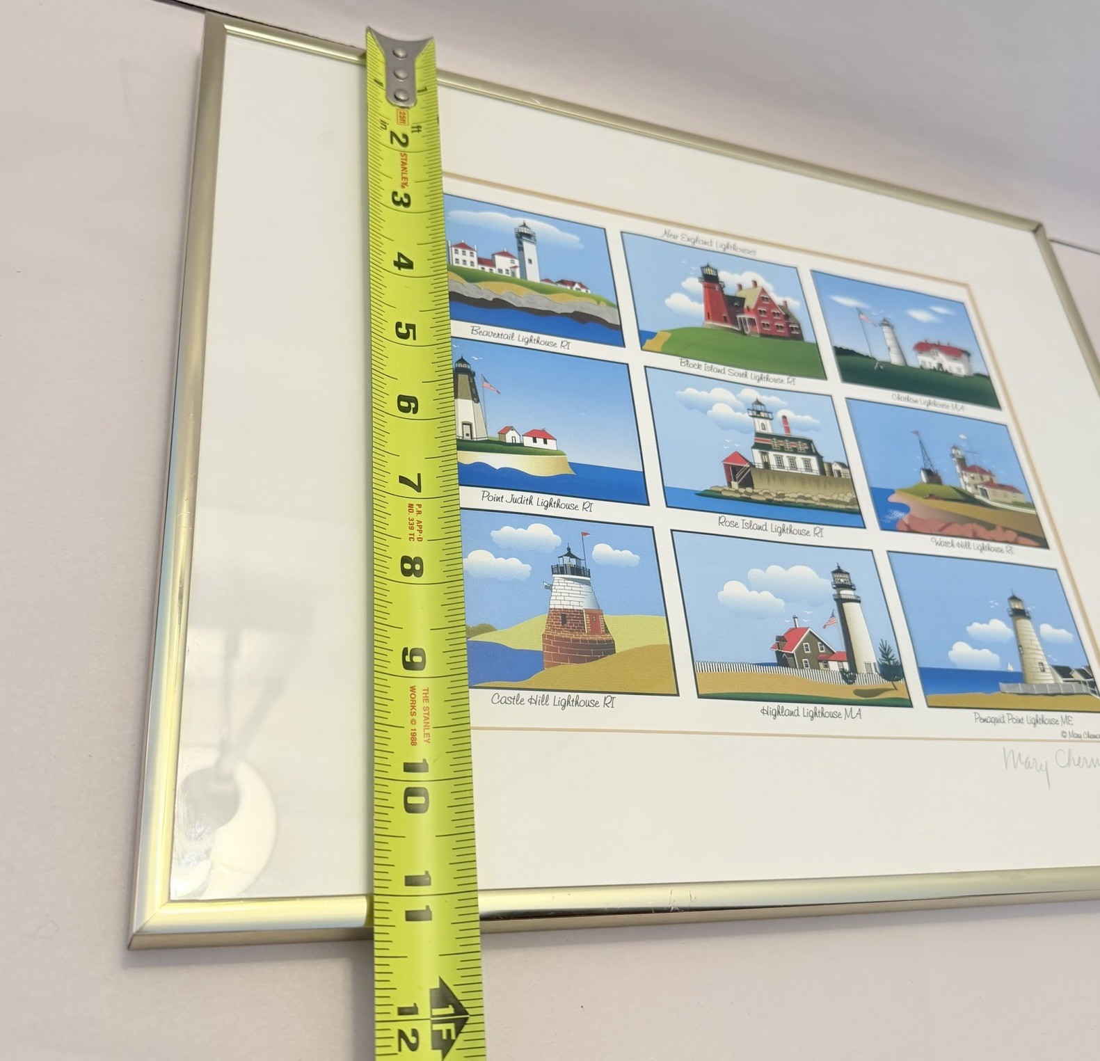 VTG Lighthouse Print Signed Coastal New England Art Watch Hill Beavertail RI MA