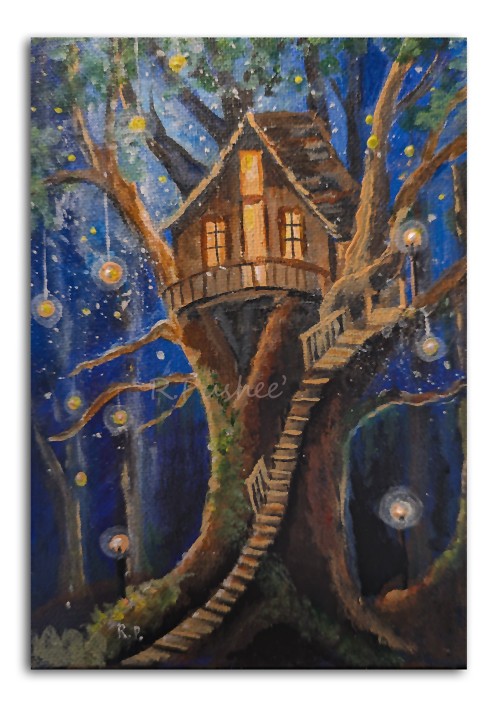 ALL ORIGINAL ART ,Acrylic painting, treehouse, lanterns, 5×7 canvas panel