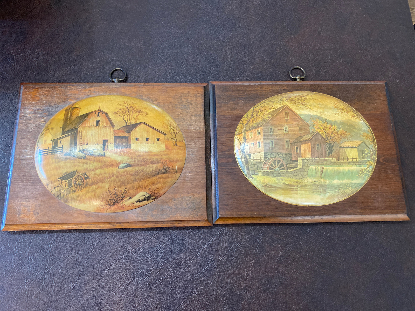 Vintage 2 Old Country Farms Picture w/Plaster on back mounted on Wood 12 x 9