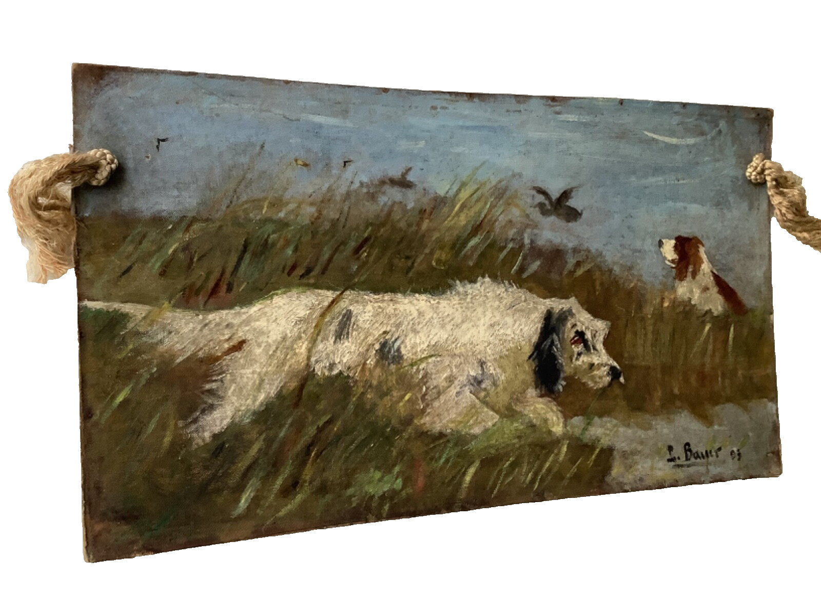 19th CENTURY – SPANIEL DOG HUNTING DUCKS RARE IMPRESSIONIST OIL PAINTING SIGNED